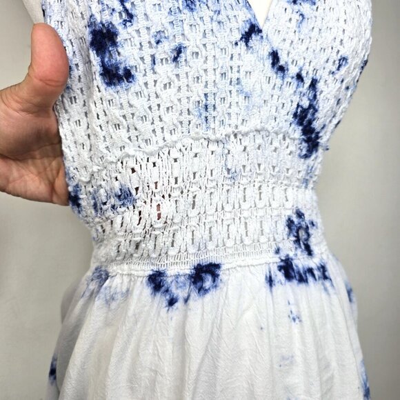 BLANCO Blue White Crochet Halter Tie Beachy Open Back Mini Dress - Picture 4 of 8